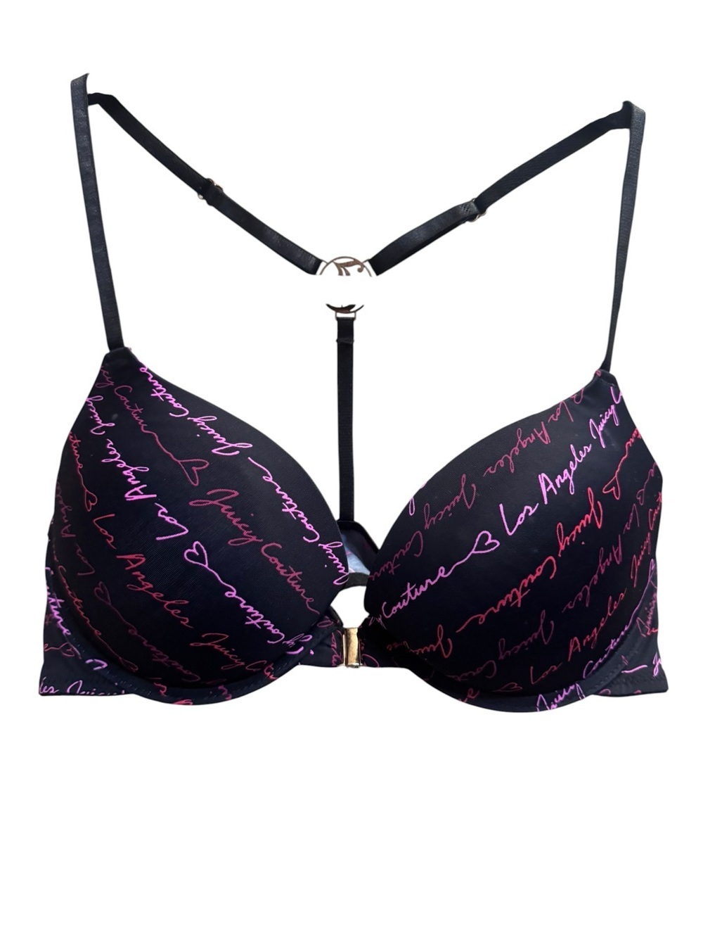JUICY COUTURE Los Angeles Logo Bra 36C Front Clasp Racer Back Blk Pink Red